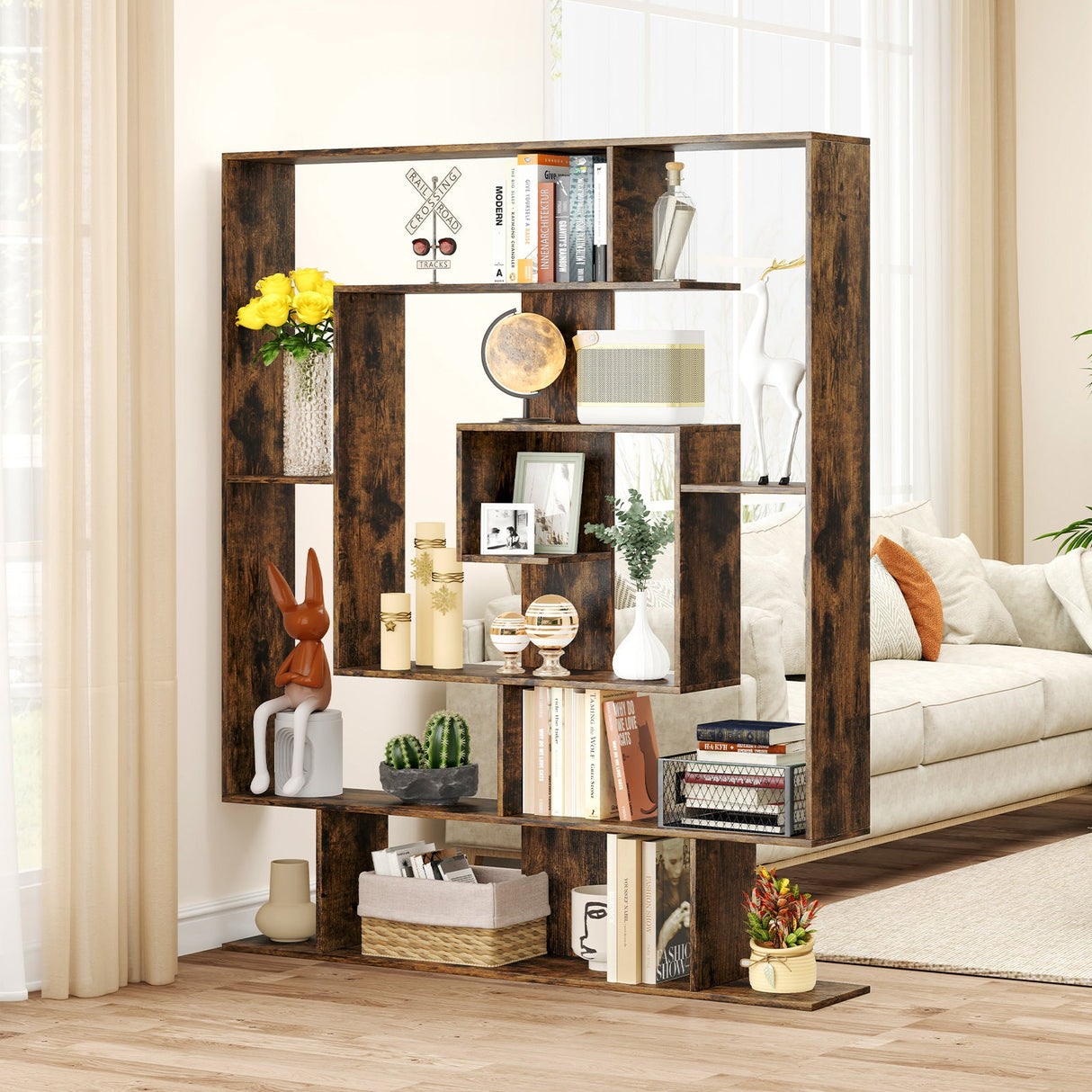 7-Tier Bookshelf Open Display Shelf Rack for Home Office-Rustic Brown