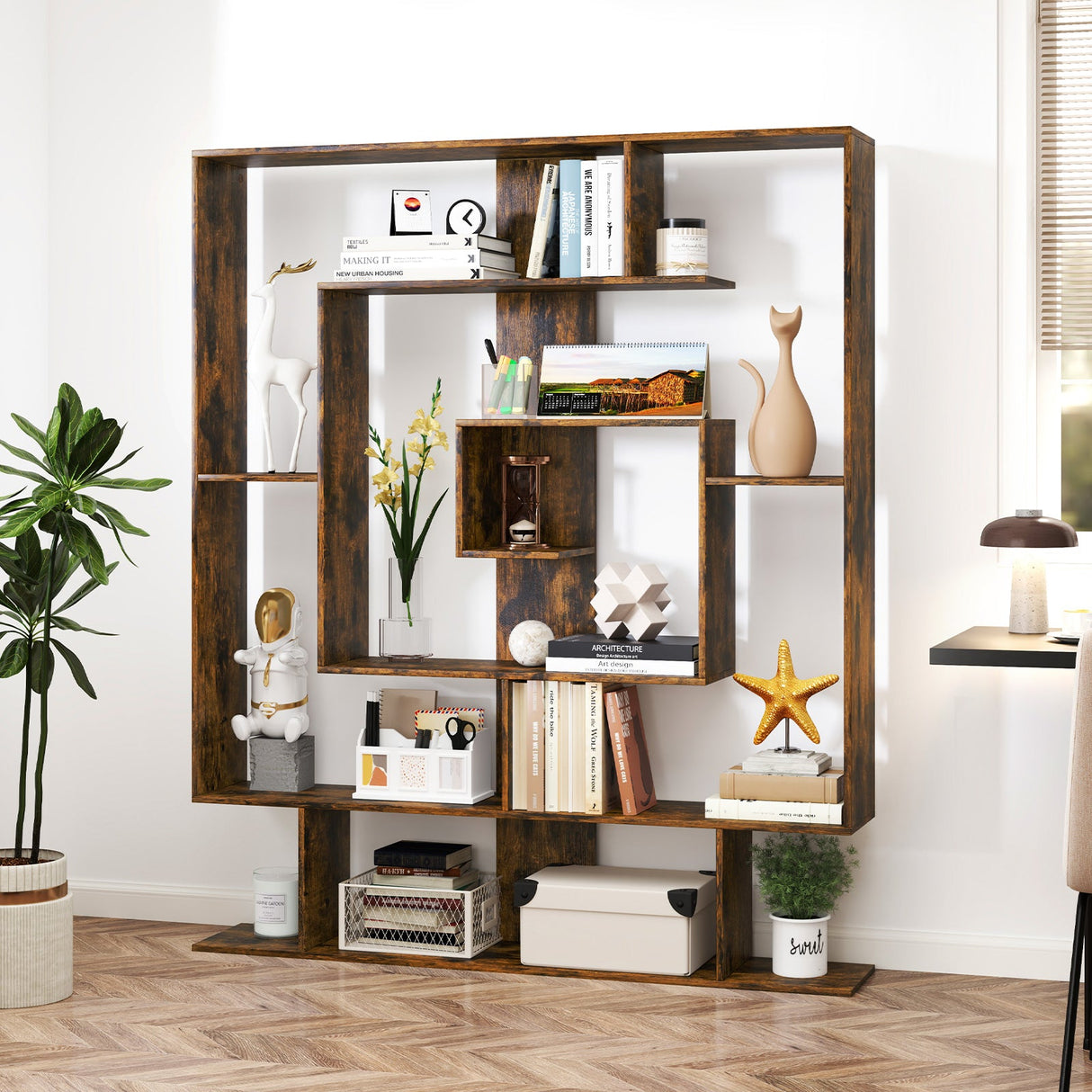 7-Tier Bookshelf Open Display Shelf Rack for Home Office-Rustic Brown