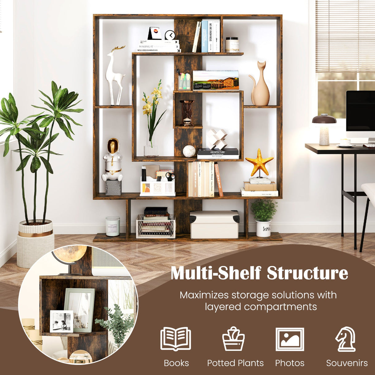 7-Tier Bookshelf Open Display Shelf Rack for Home Office-Rustic Brown