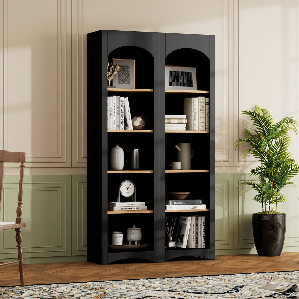 ON-TREND Free Standing 5 Tier Bookshelves, Bookcases Set of 2, Farmhouse Two-Tone Storage Cabinet with Adjustable Shelves, Modern 72'H Kitchen Pantry Cabinet for Living Room, Home Office, Black