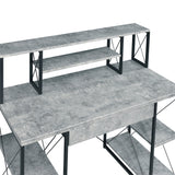 Grey and Black Office Desk with Open Shelves and Hutch