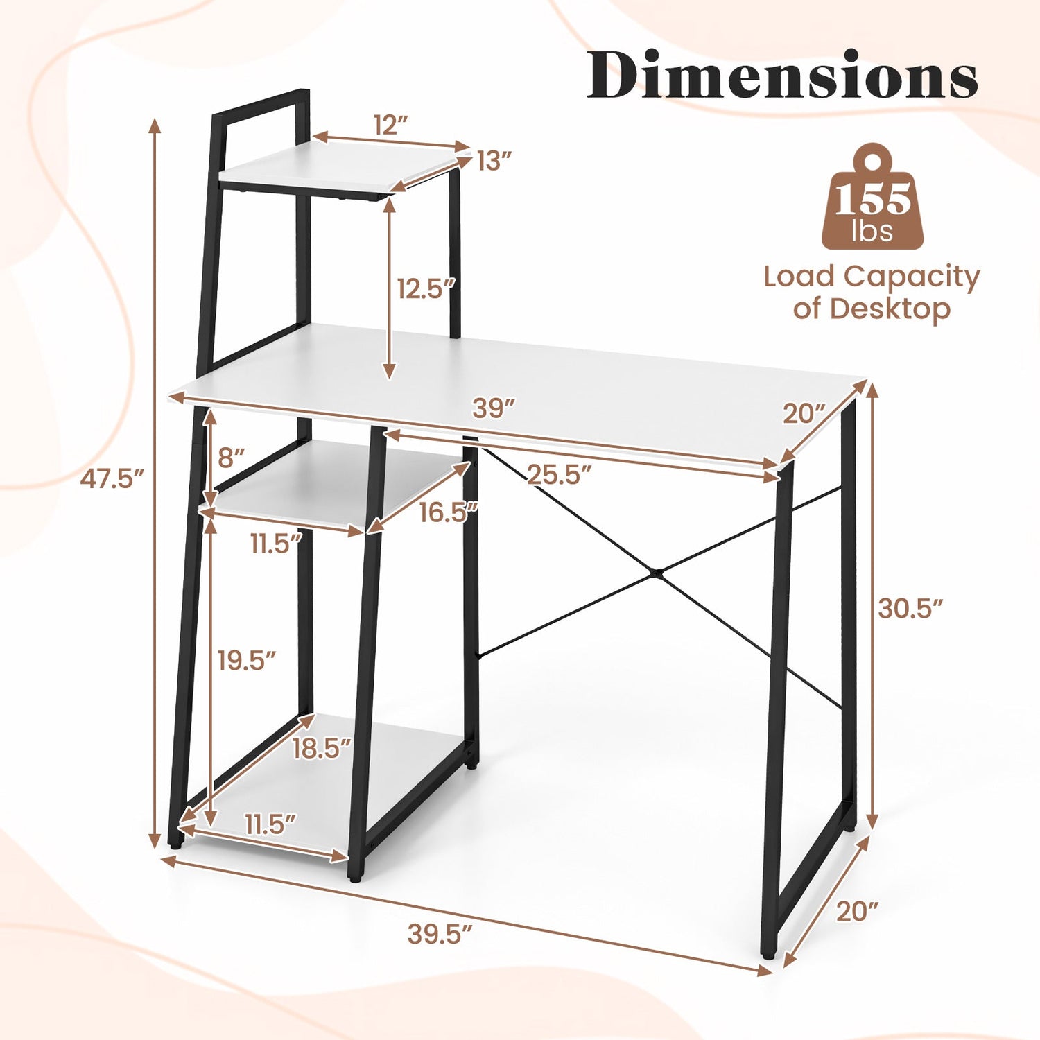Compact Computer Desk Workstation with 4 Tier Shelves for Home and Office-White