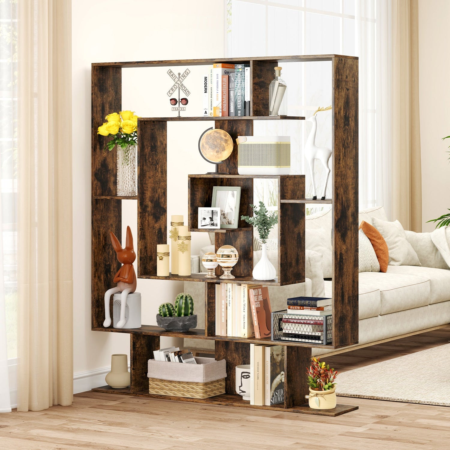 7-Tier Bookshelf  Open Display Shelf Rack for Home Office-Rustic Brown