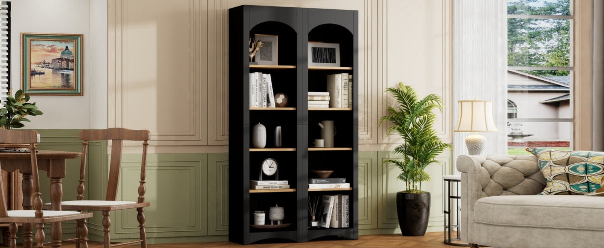 ON-TREND Free Standing 5 Tier Bookshelves, Bookcases Set of 2, Farmhouse Two-Tone Storage Cabinet with Adjustable Shelves, Modern 72'H Kitchen Pantry Cabinet for Living Room, Home Office, Black